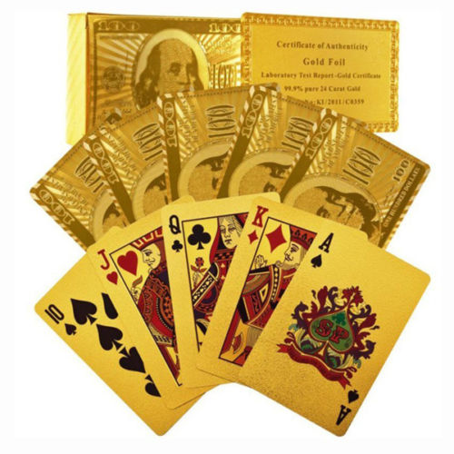 Pokerkarten Texas Hold'em 500€ Schein NEU 24K Vergoldung + Holzschatulle 