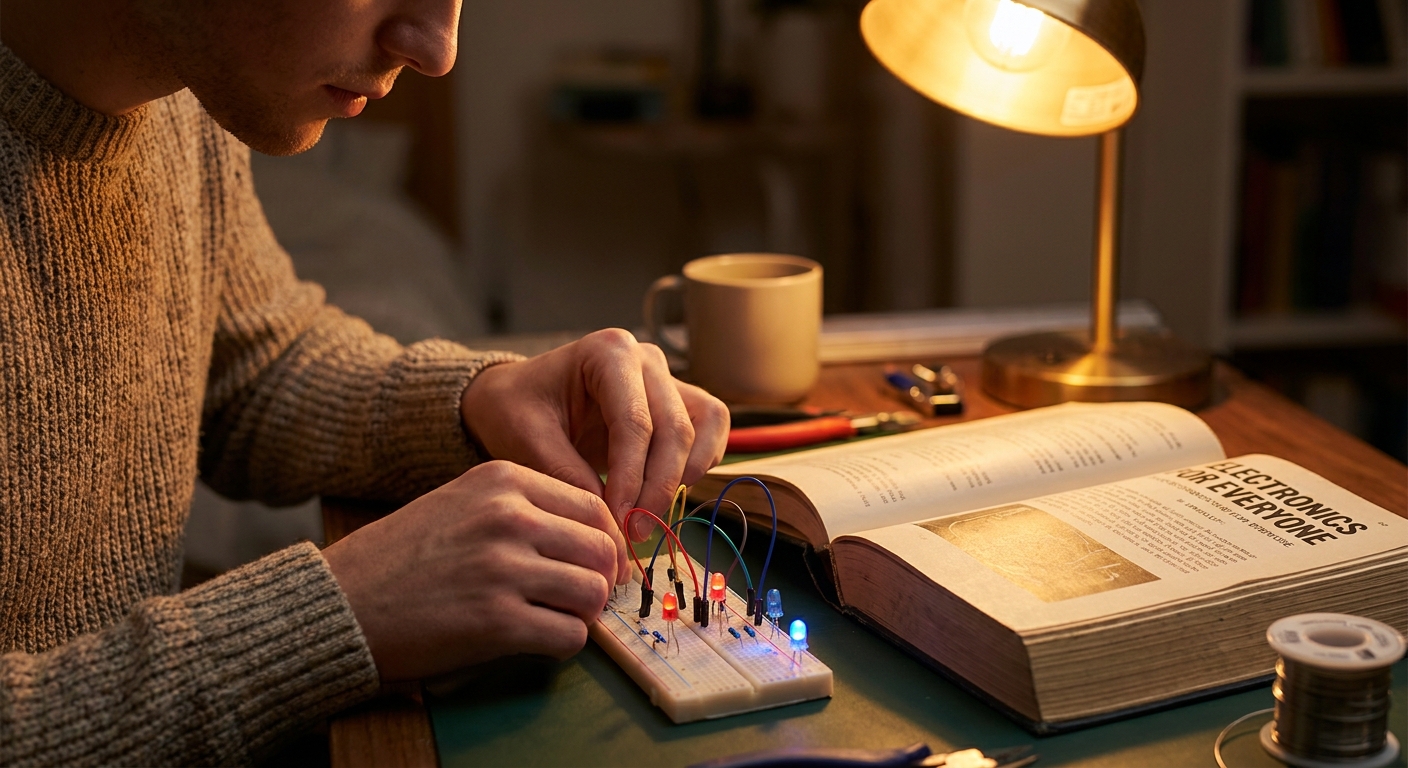 Beginner building an LED breadboard project from a monthly electronics kit