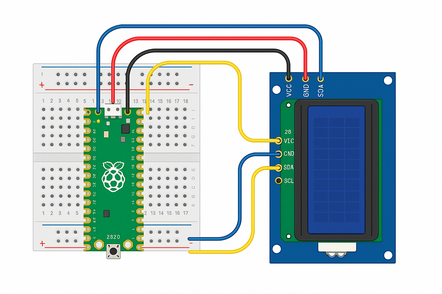 Top-down view of Raspberry Pi Pico connected to 1602 LCD on breadboard